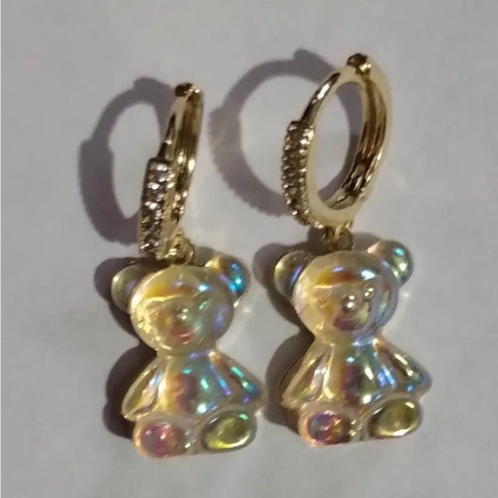 Holographic Gummy Teddy bear huggie hoop drop earrings. New.